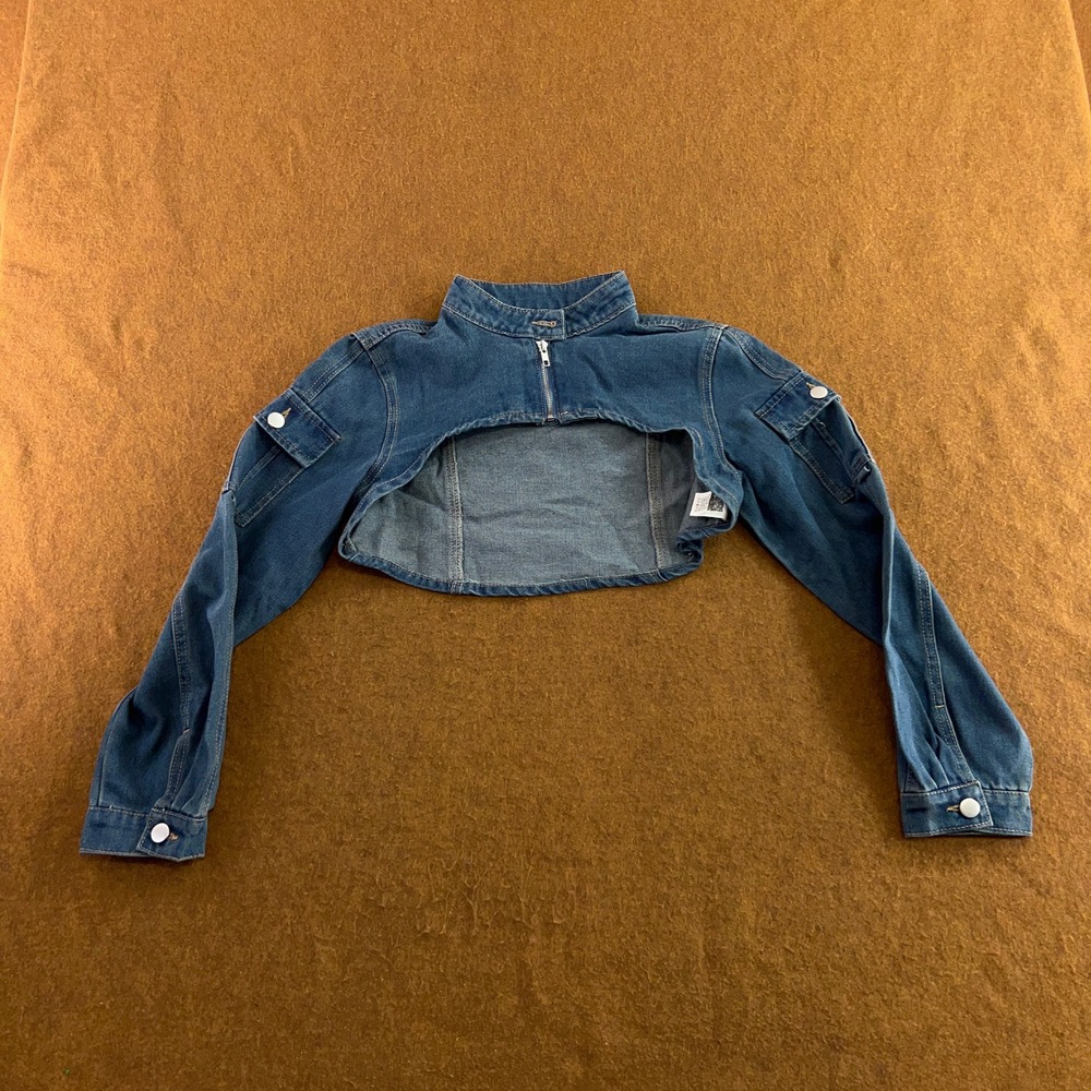 SHEIN Womens Small Blue Utility Cargo Super Cropped Denim Shrug Jacket New